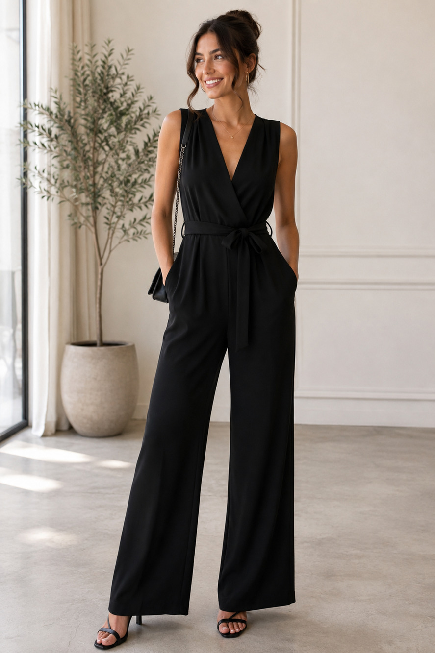Banana Republic Women's Size 0 V-Neck Tie-Waist Jumpsuit Black Wide Leg NWT